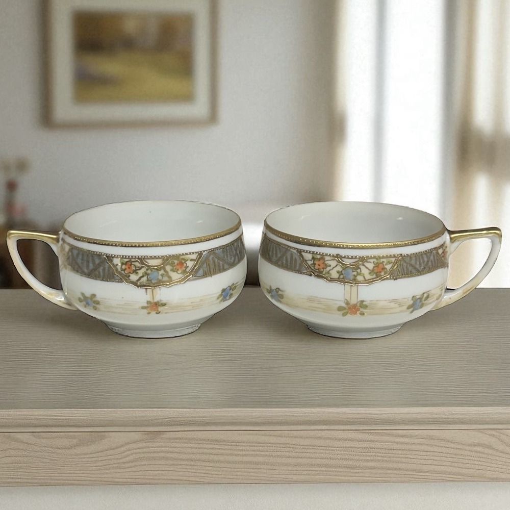 Vintage Nippon Hand Painted Tea Cups Raised‎ Textured Designs Gold Trim Floral
